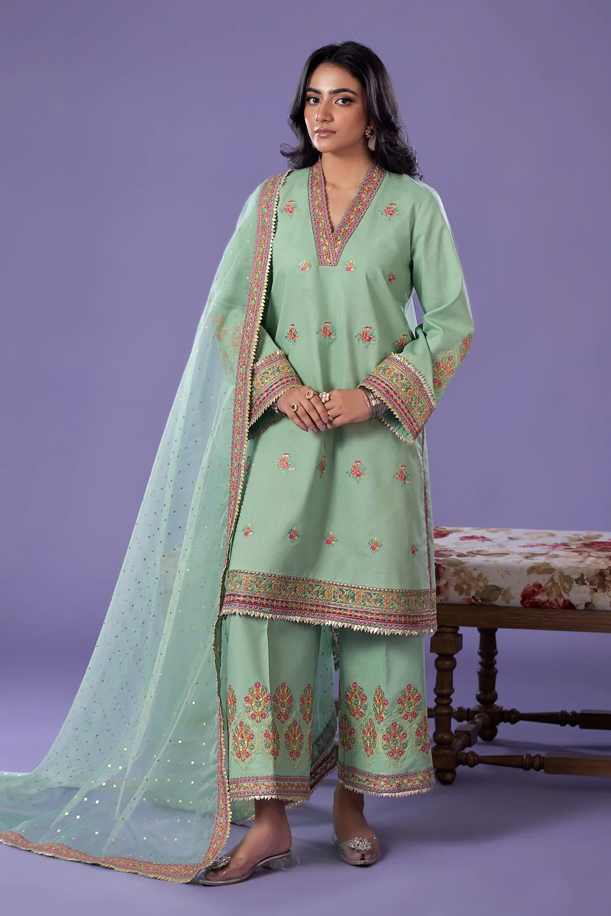 3-PC Embroidered Lawn Shirt with Organza Dupatta and Trouser CNP-4-045