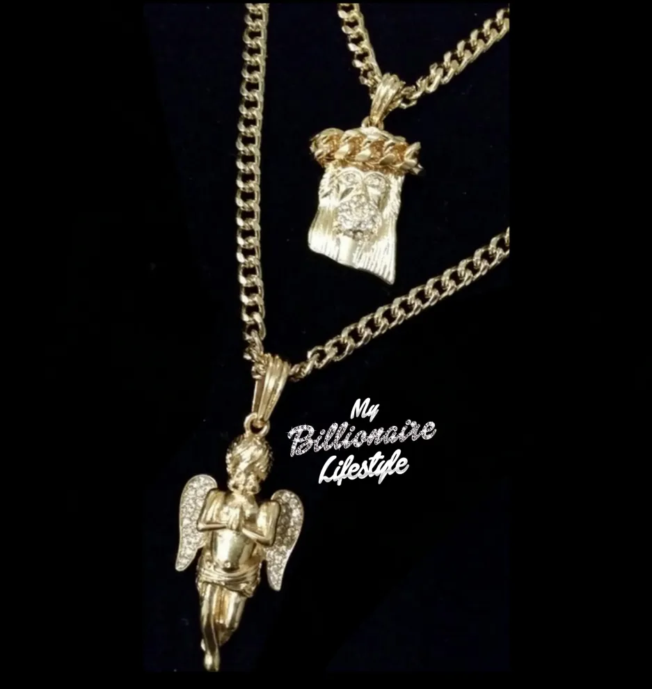 5.5mm Gold Link Chain with Angel / Jesus Piece Set