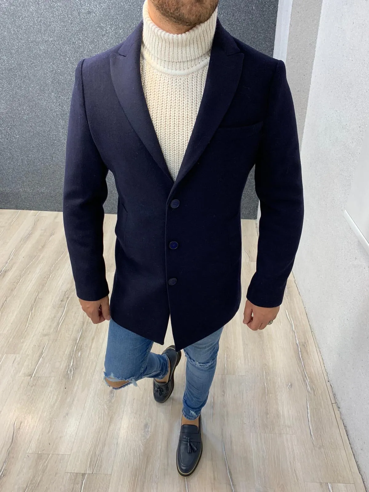 Ade Navy Blue Slim Fit Long Coat