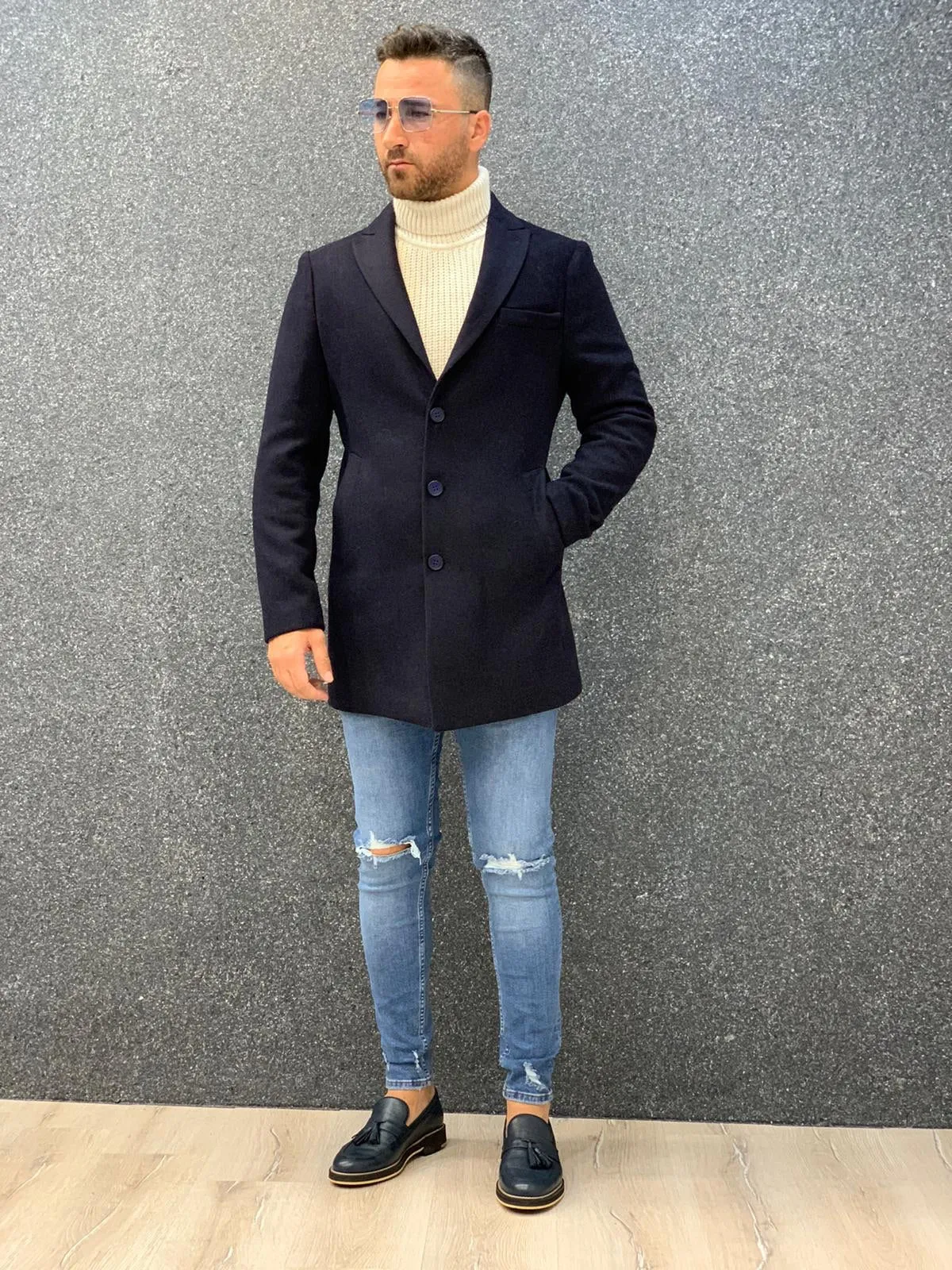 Ade Navy Blue Slim Fit Long Coat