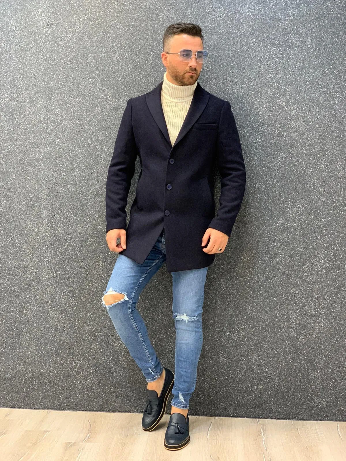 Ade Navy Blue Slim Fit Long Coat