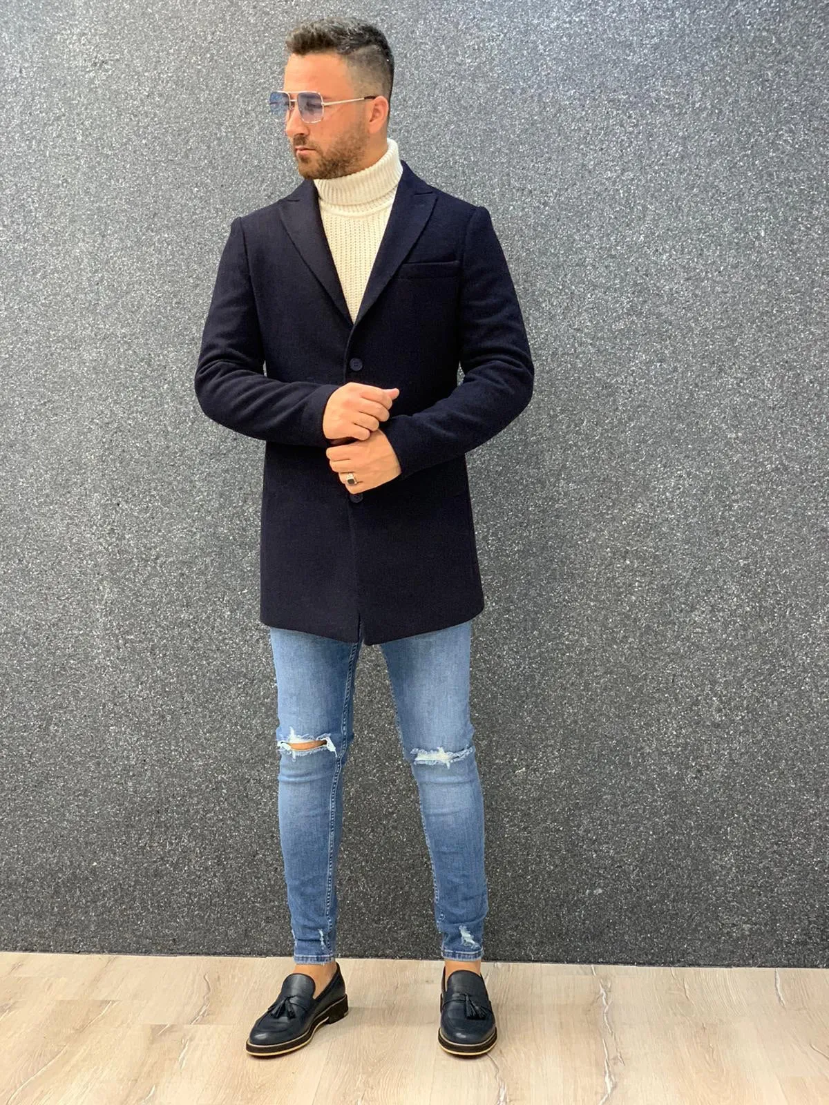 Ade Navy Blue Slim Fit Long Coat