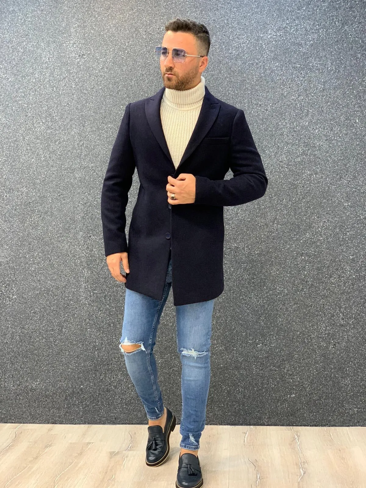 Ade Navy Blue Slim Fit Long Coat