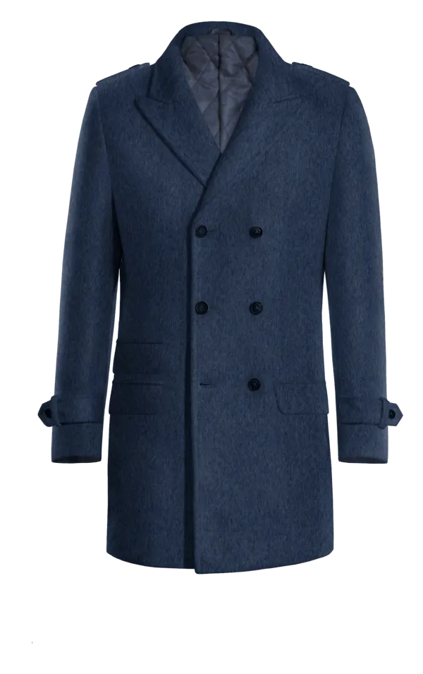 Blue Peak Lapel Double breasted overcoat with epaulettes