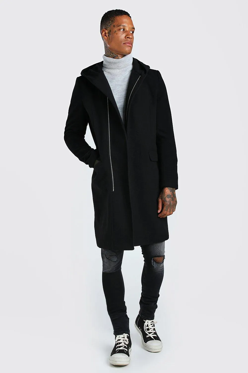 Concealed Zip Through Hooded Overcoat | boohooMAN UK