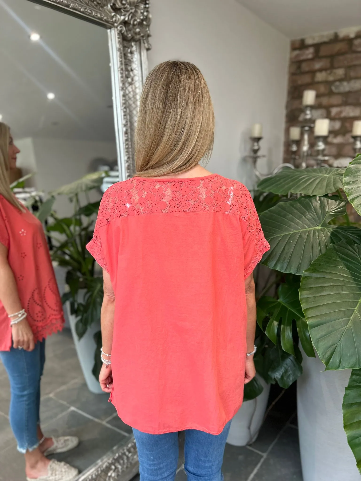 Coral Broderie Anglaise Floral Lace Top Nina