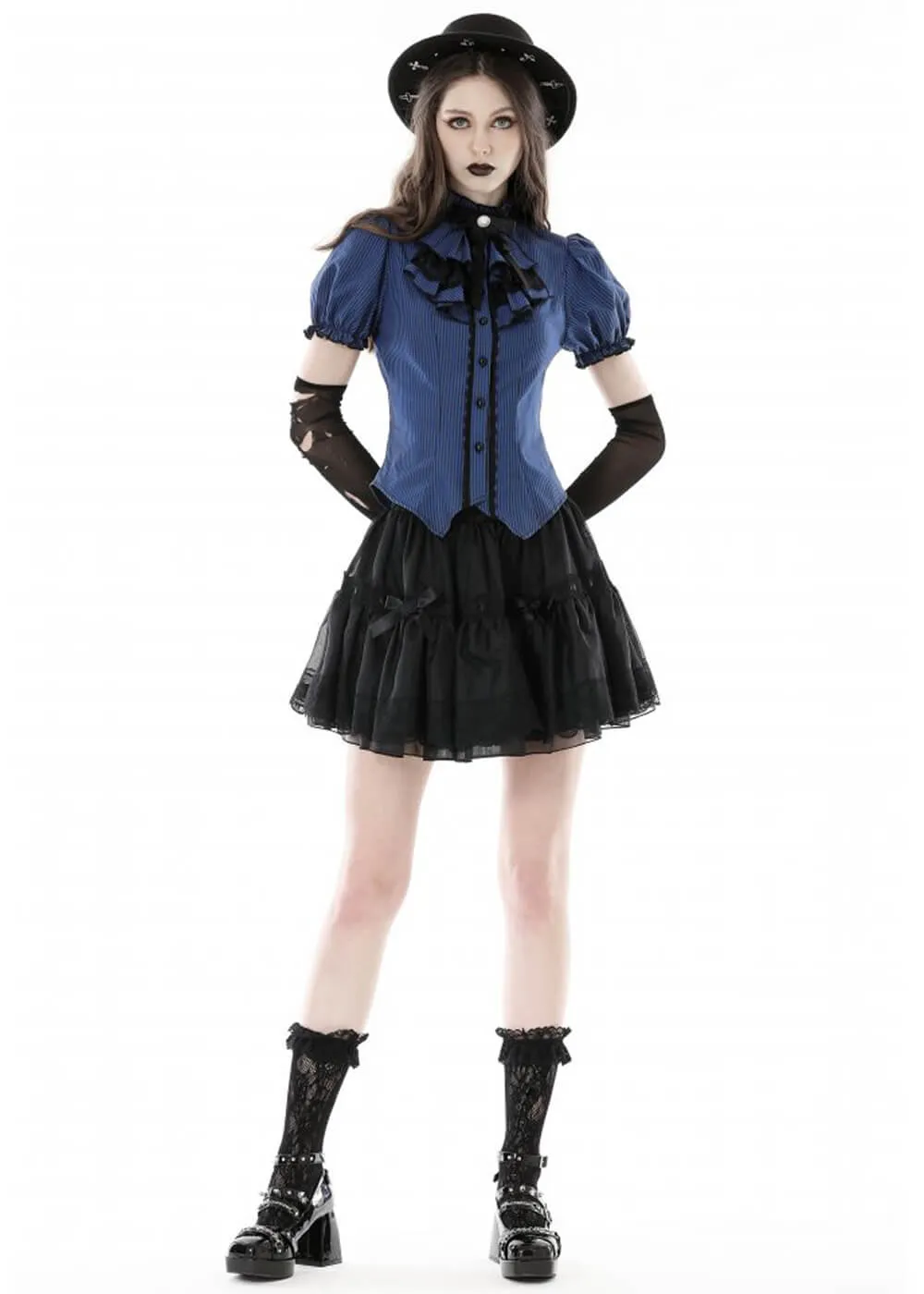 Dark In Love Victorian Frilly Striped Blouse Blue Black