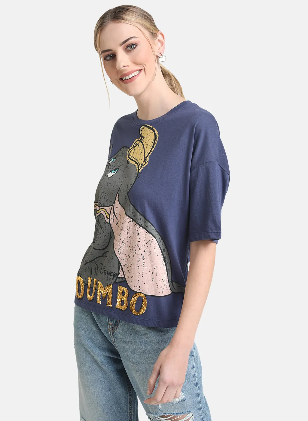 Dumbo Disney Printed Blue T-Shirt With Sequin Work