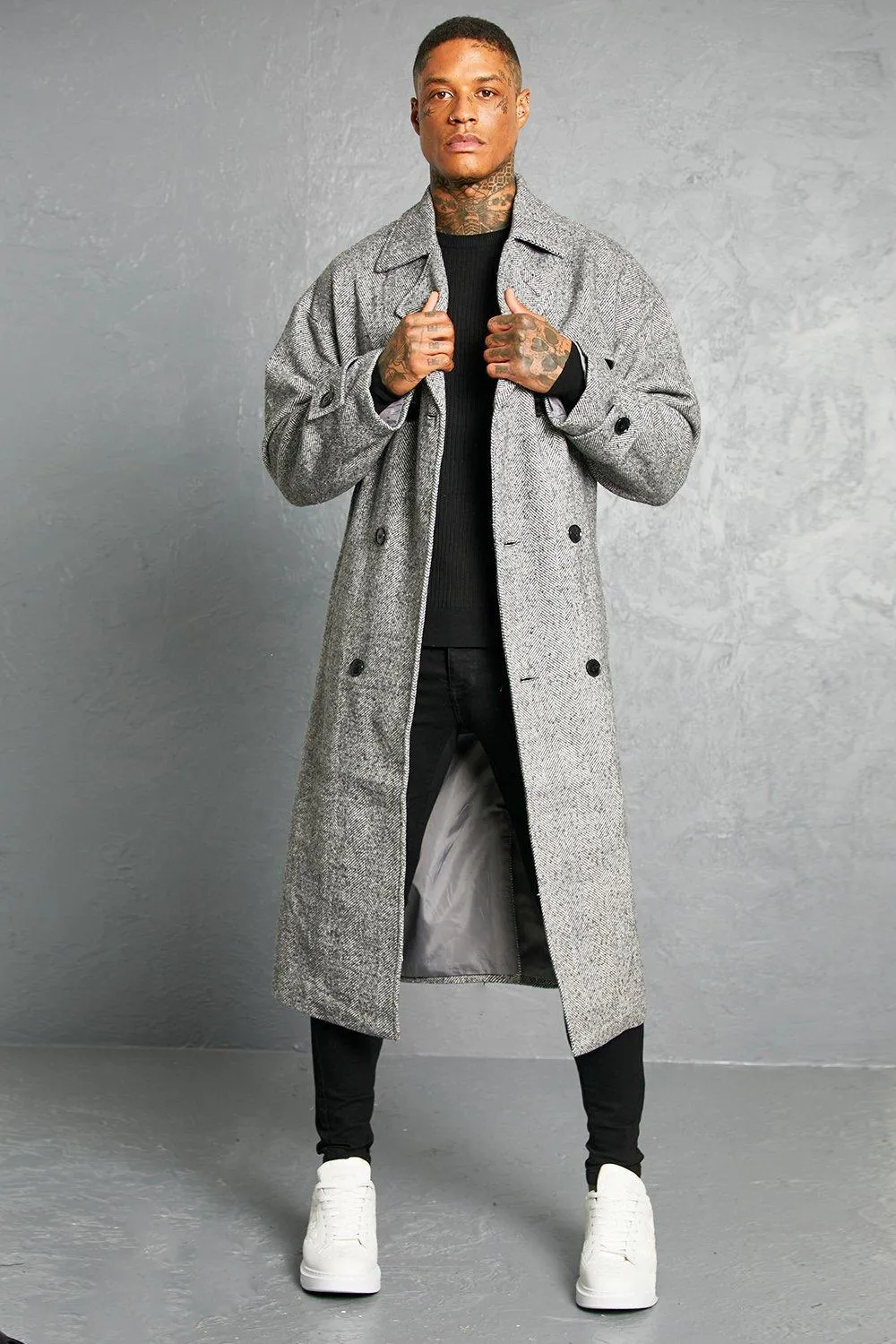 Herringbone Double Breasted Trench Overcoat | boohooMAN UK