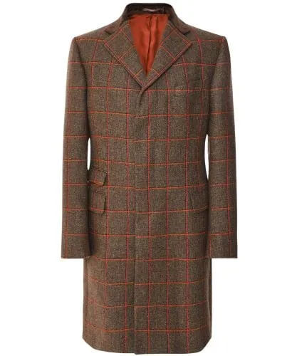 J. Blades Brown Virgin Wool Windowpane Check Overcoat | Jules B