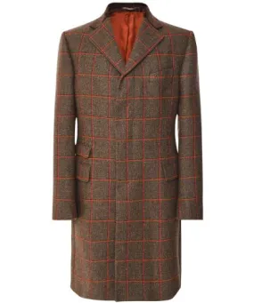 J. Blades Brown Virgin Wool Windowpane Check Overcoat | Jules B