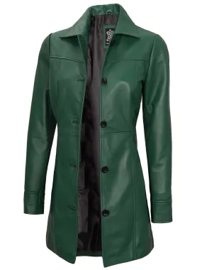 Kandis Women Green Leather Coat