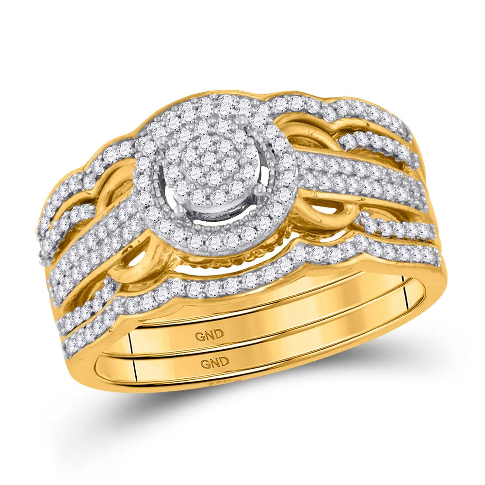 Keene Jewelers 10kt Yellow Gold Round Diamond 3-Piece Bridal Wedding Ring Band Set 3/8 Cttw