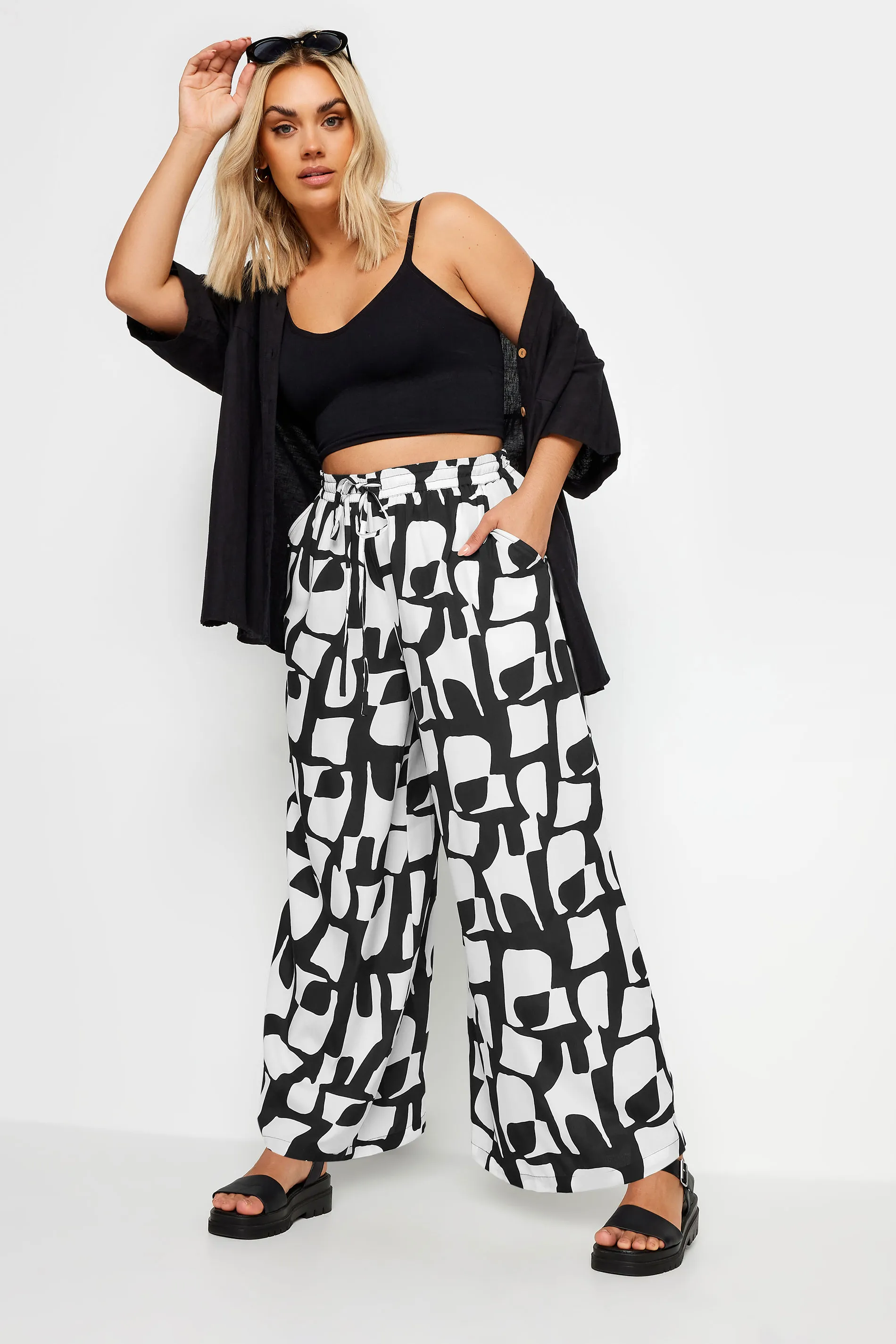 LIMITED COLLECTION Curve Black Abstract Print Drawstring Wide Leg Trousers