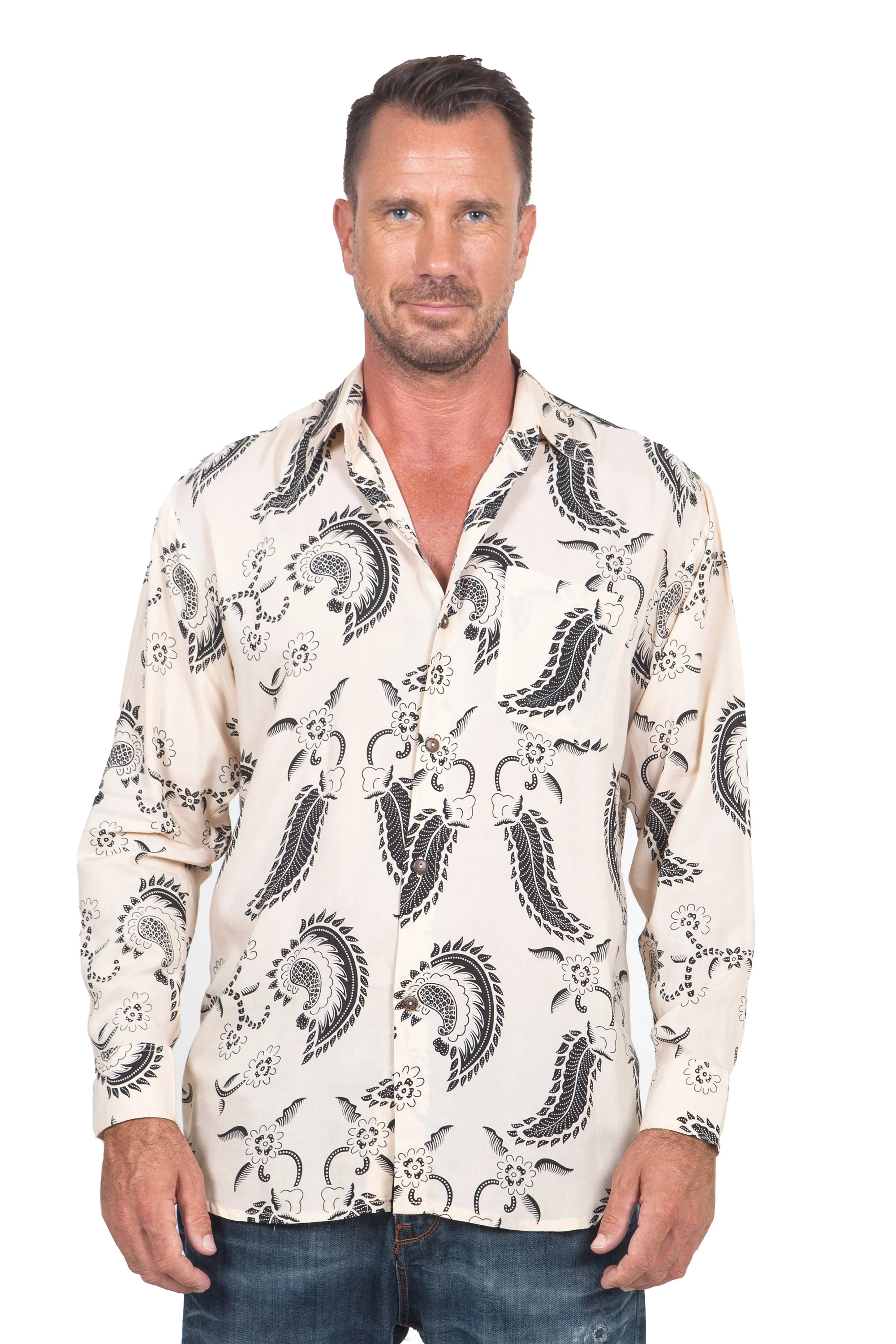 Men's Black Paisley on Pale Yellow Rayon Long Sleeve Shirt, 