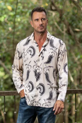 Men's Black Paisley on Pale Yellow Rayon Long Sleeve Shirt, Paisley Panache