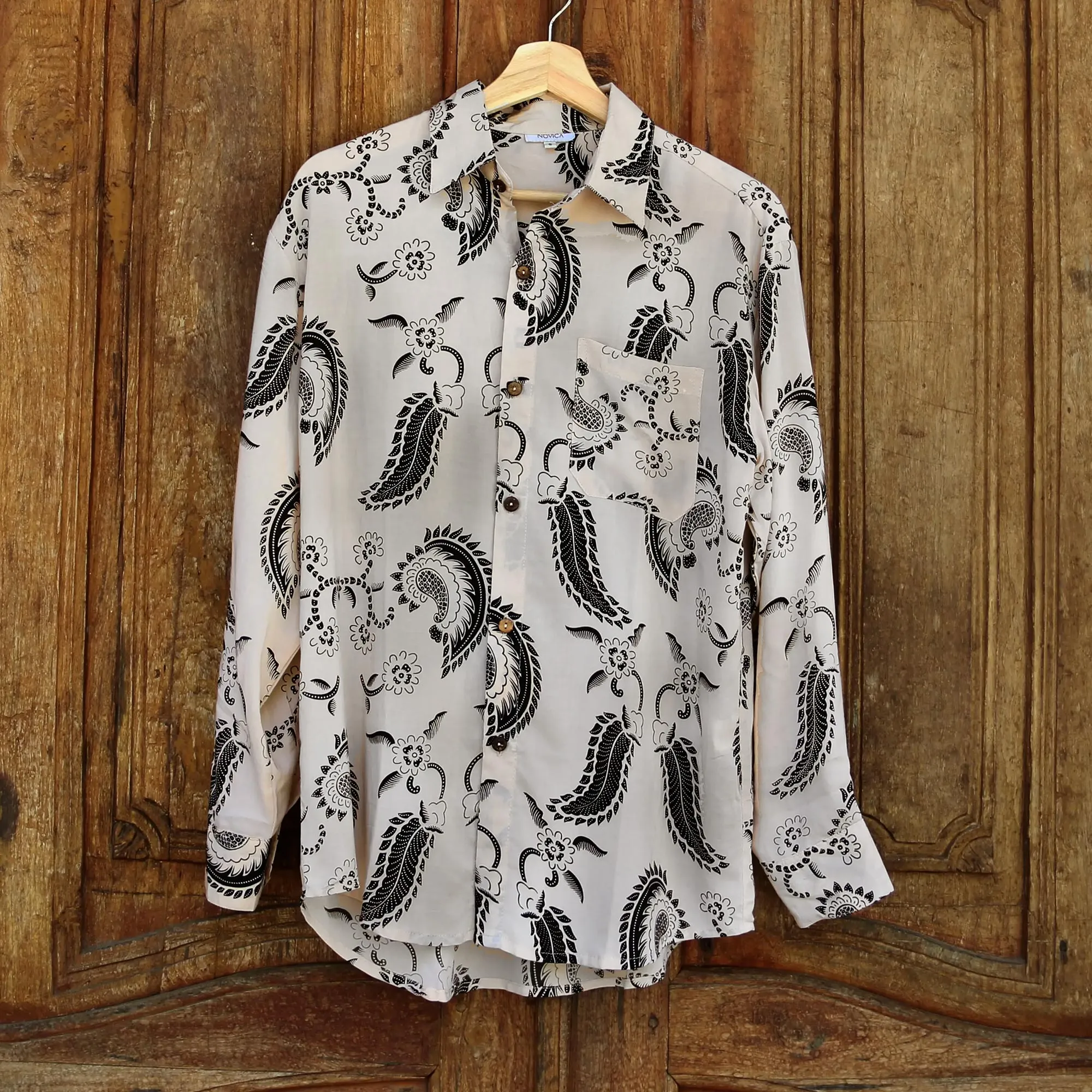 Men's Black Paisley on Pale Yellow Rayon Long Sleeve Shirt, 