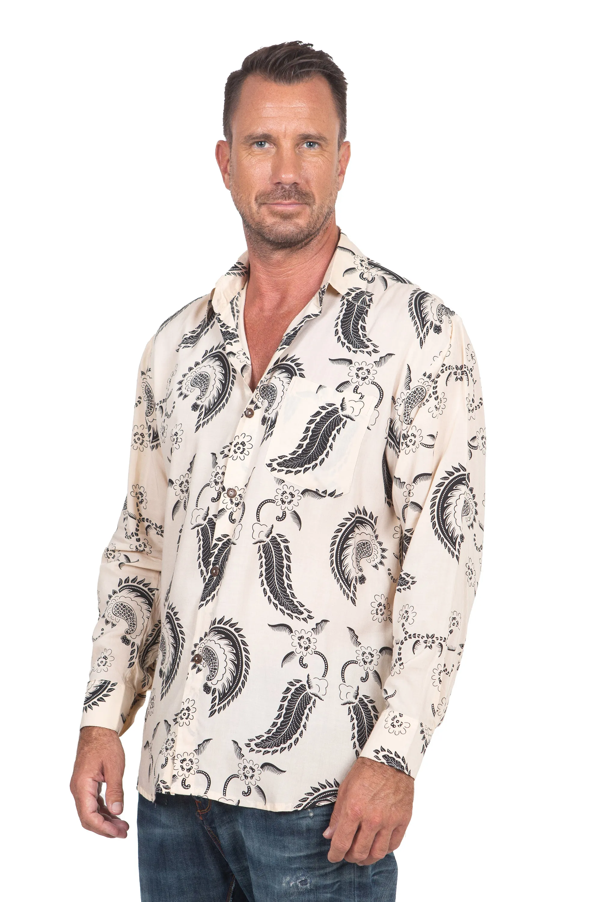 Men's Black Paisley on Pale Yellow Rayon Long Sleeve Shirt, 