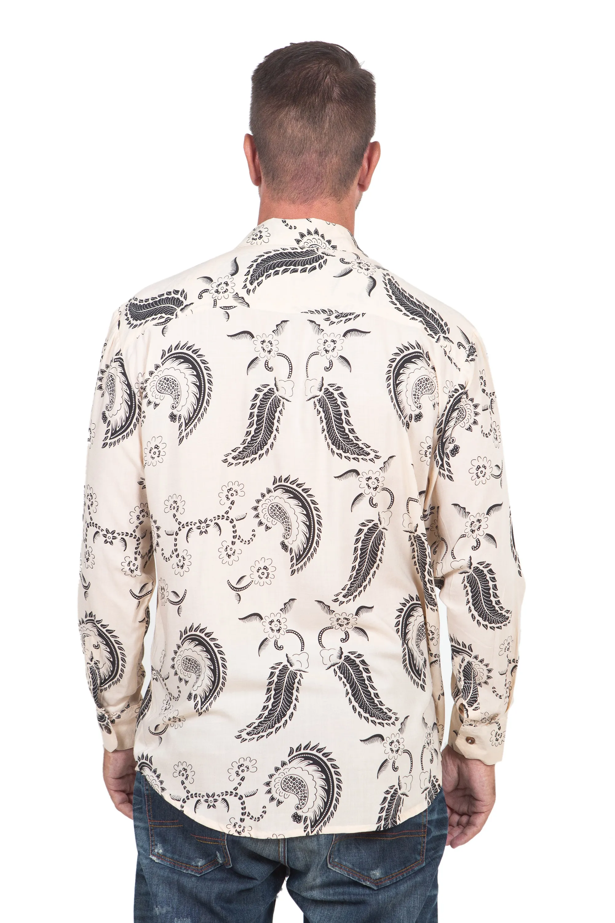 Men's Black Paisley on Pale Yellow Rayon Long Sleeve Shirt, 