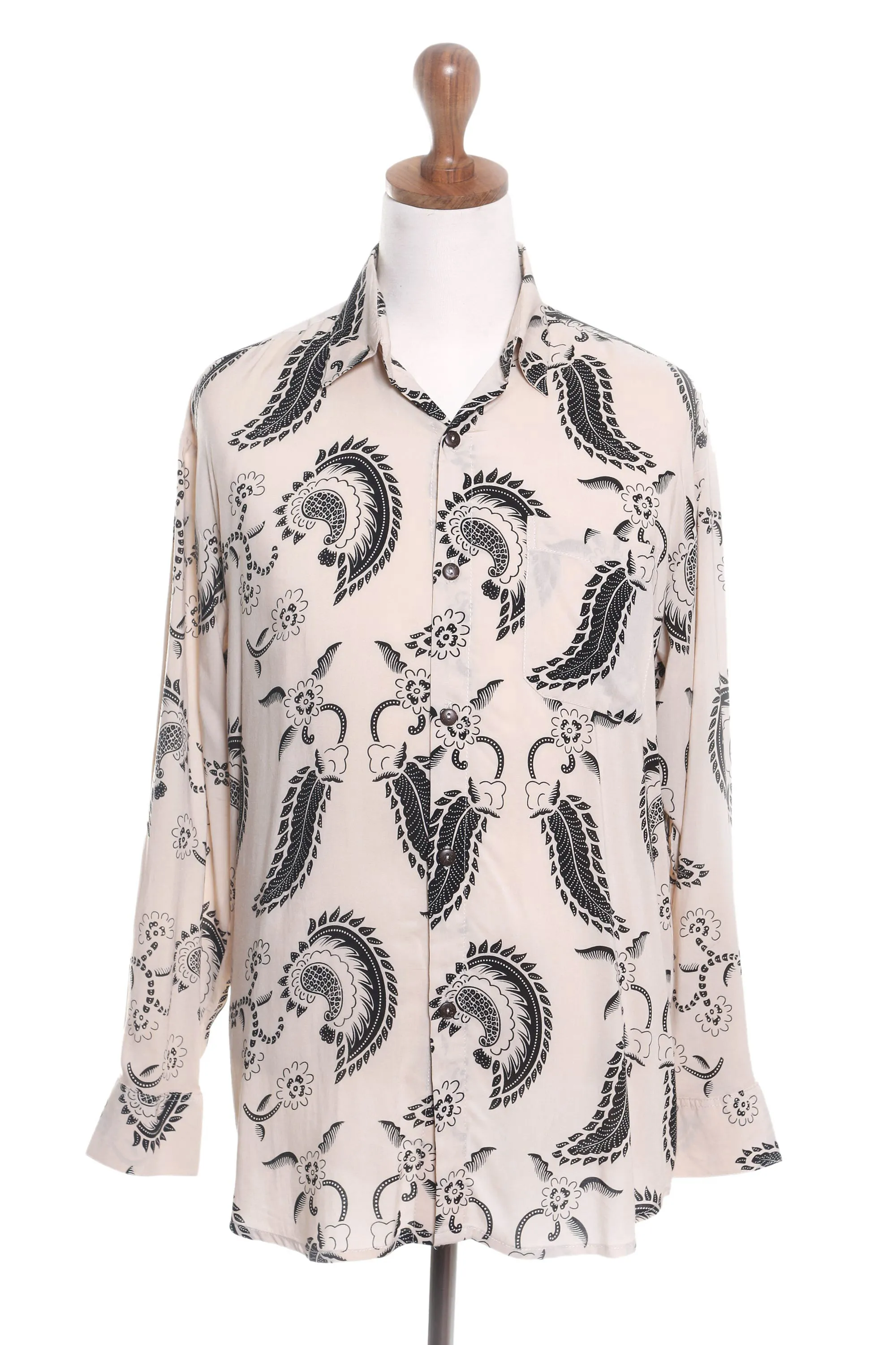 Men's Black Paisley on Pale Yellow Rayon Long Sleeve Shirt, 