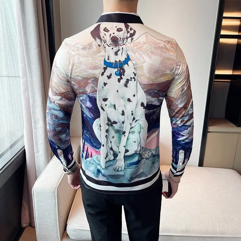 Men's Korean Fashion Autumn Luxury Printed Pattern Long Sleeve Shirt