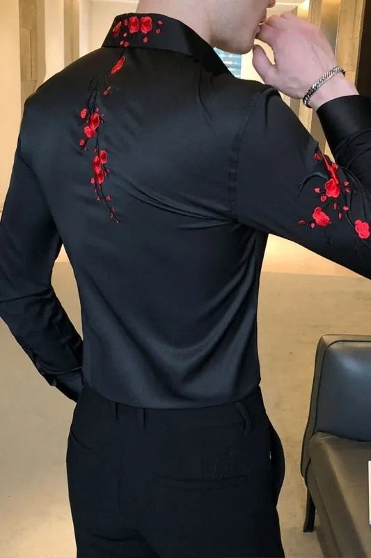 Men's Korean Fashion Polyester Embroidery Slim Fit Long Sleeve Shirt