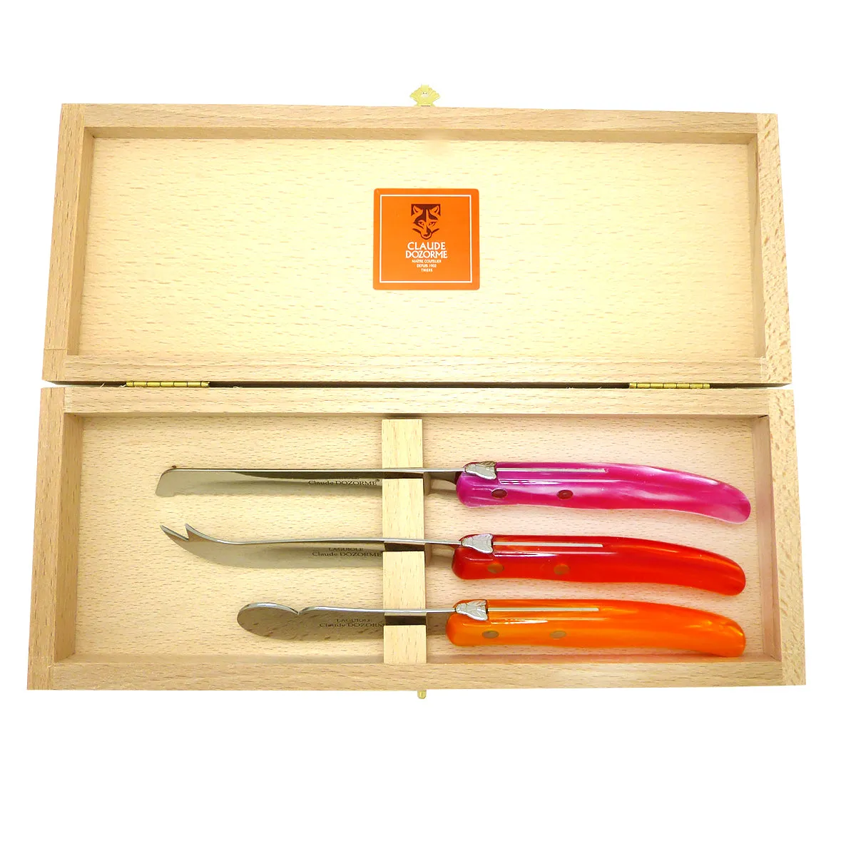 NEW Claude Dozorme Three Piece Laguiole Knife Gift Set Red Pink Orange