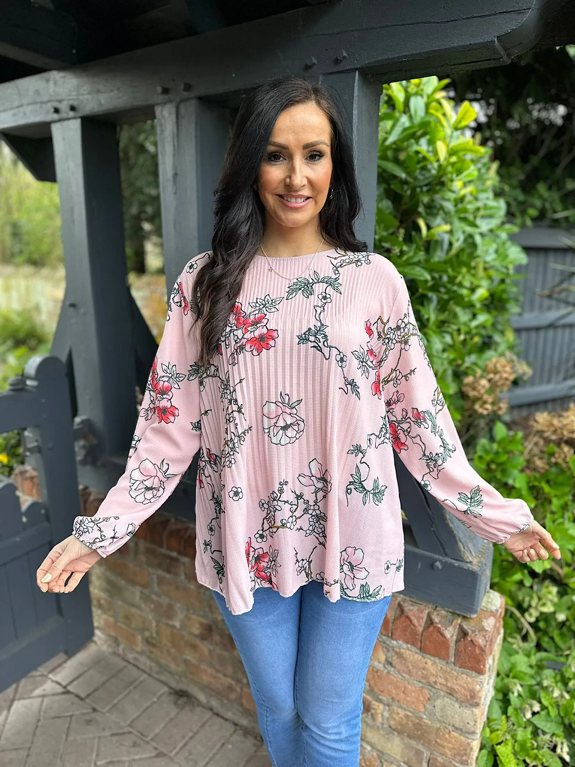 Pink Floral Pleated Blouse Bethany