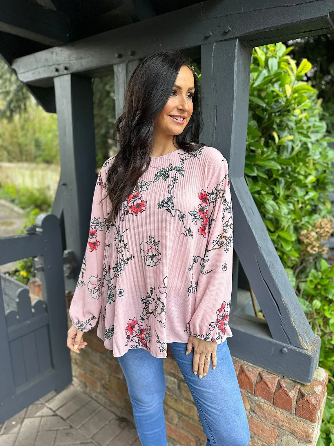 Pink Floral Pleated Blouse Bethany