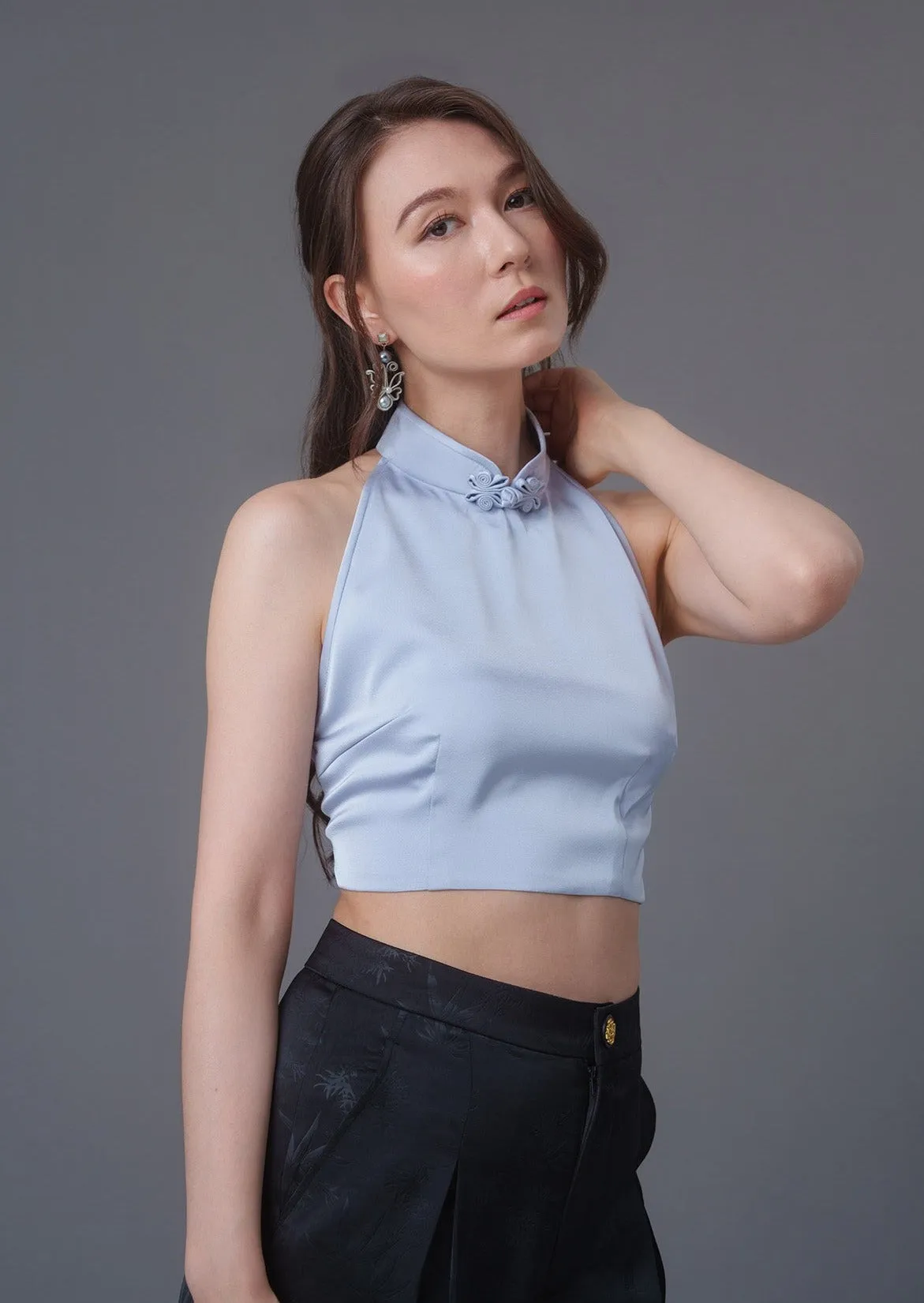 Qipao Halter Crop Top (Light Blue)