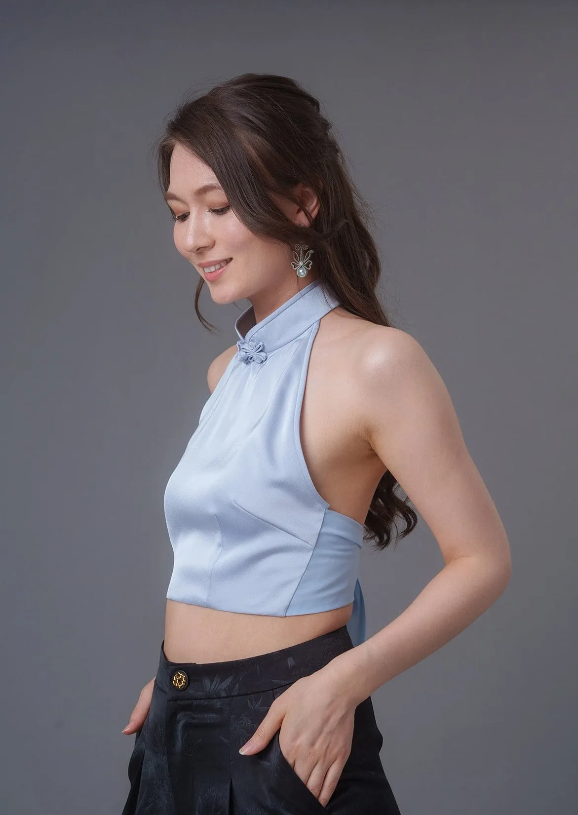 Qipao Halter Crop Top (Light Blue)