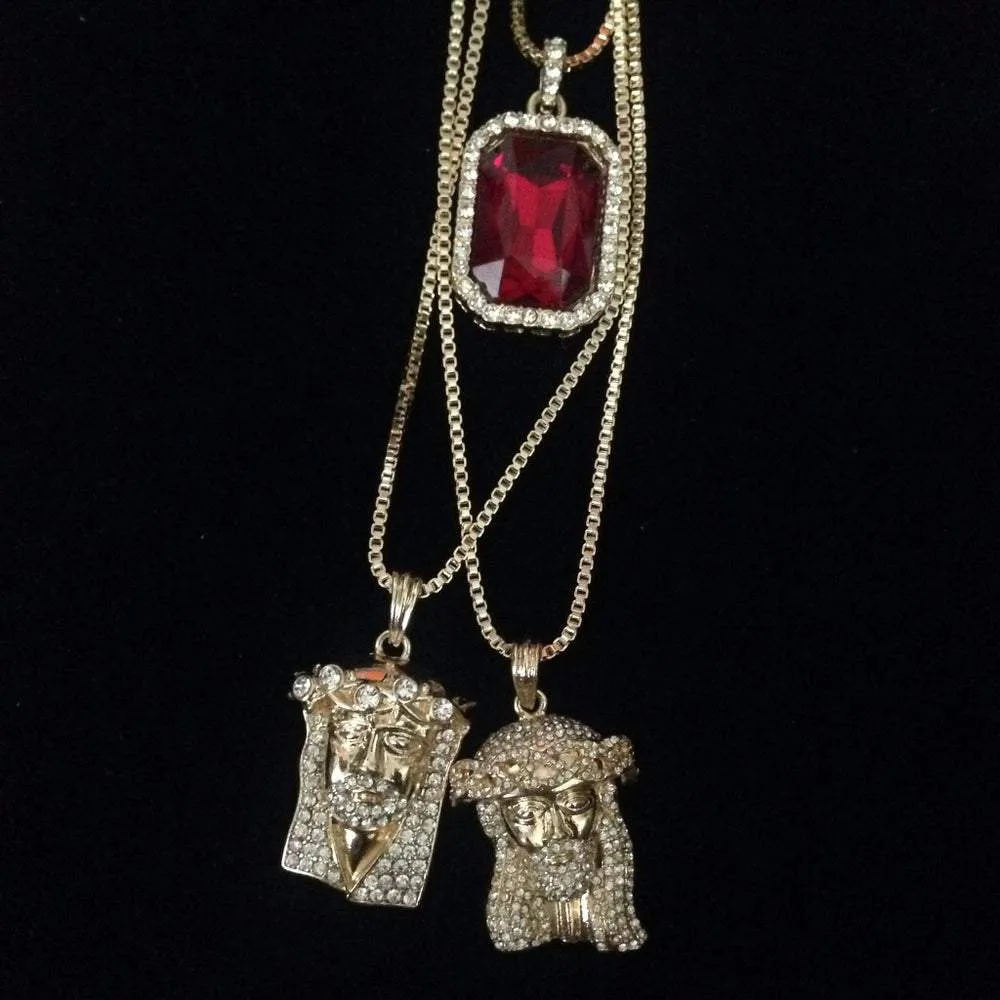 Red Stone / Jesus piece with Stones / Bling Jesus Piece Set