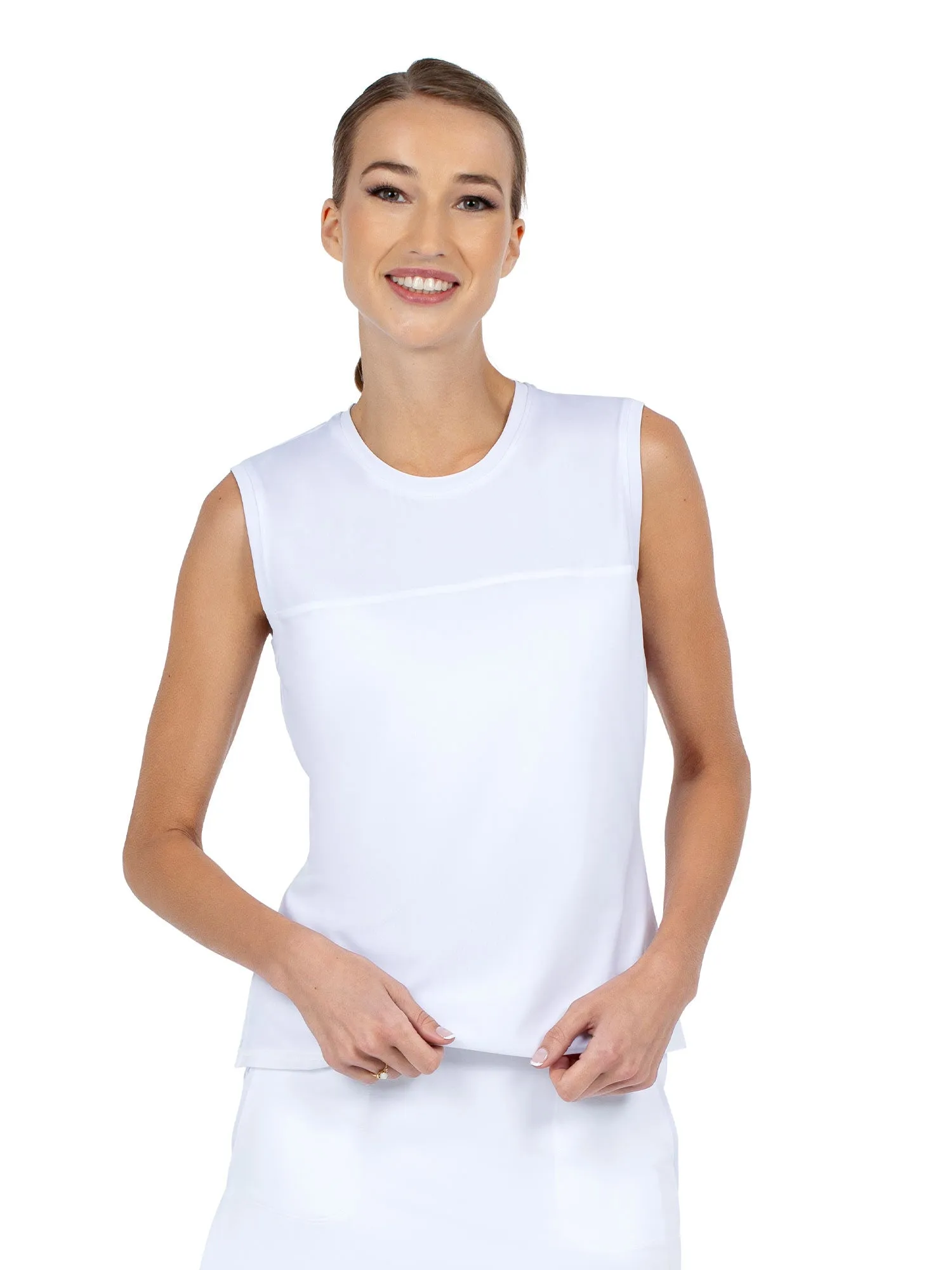 Relax-Fit Crewneck Tank with Light Mesh Overlay- - White