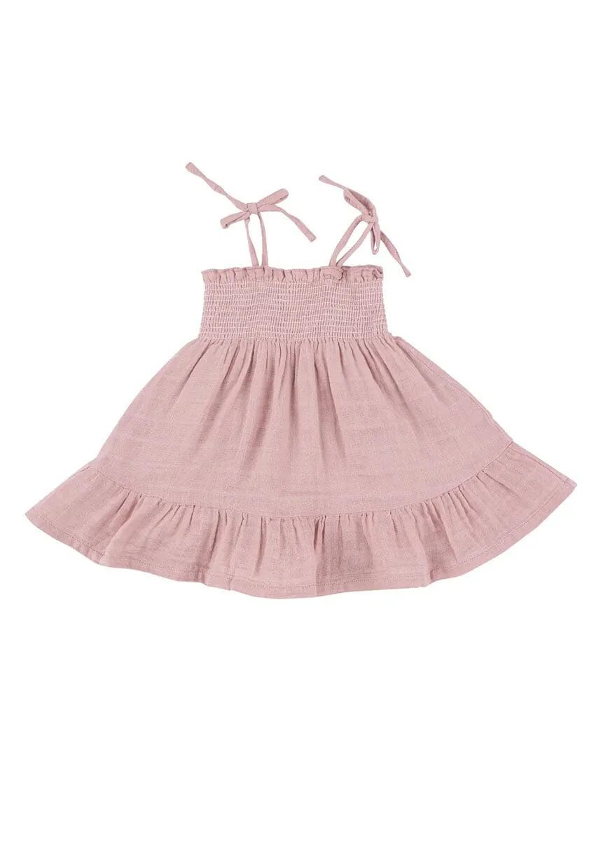 Tie Strap Smocked Sundress & Bloomers - Dusty Pink Solid Muslin