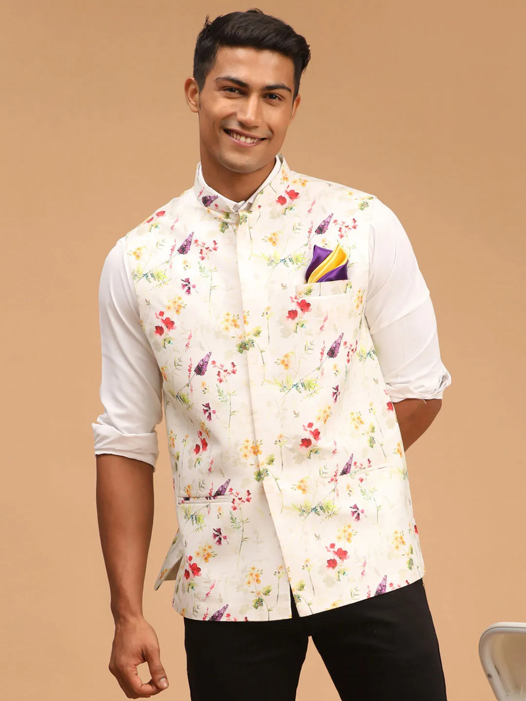 VASTRAMAY Men's Cream Base Multi Printed Cotton blend Nehru Jacket