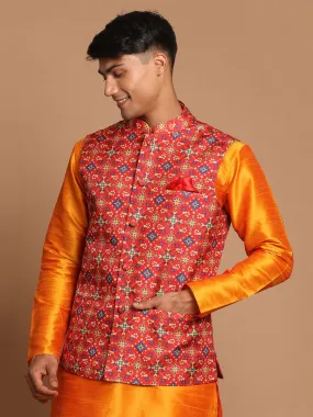 VASTRAMAY Men's Maroon Color Patola Print Nehru Jacket