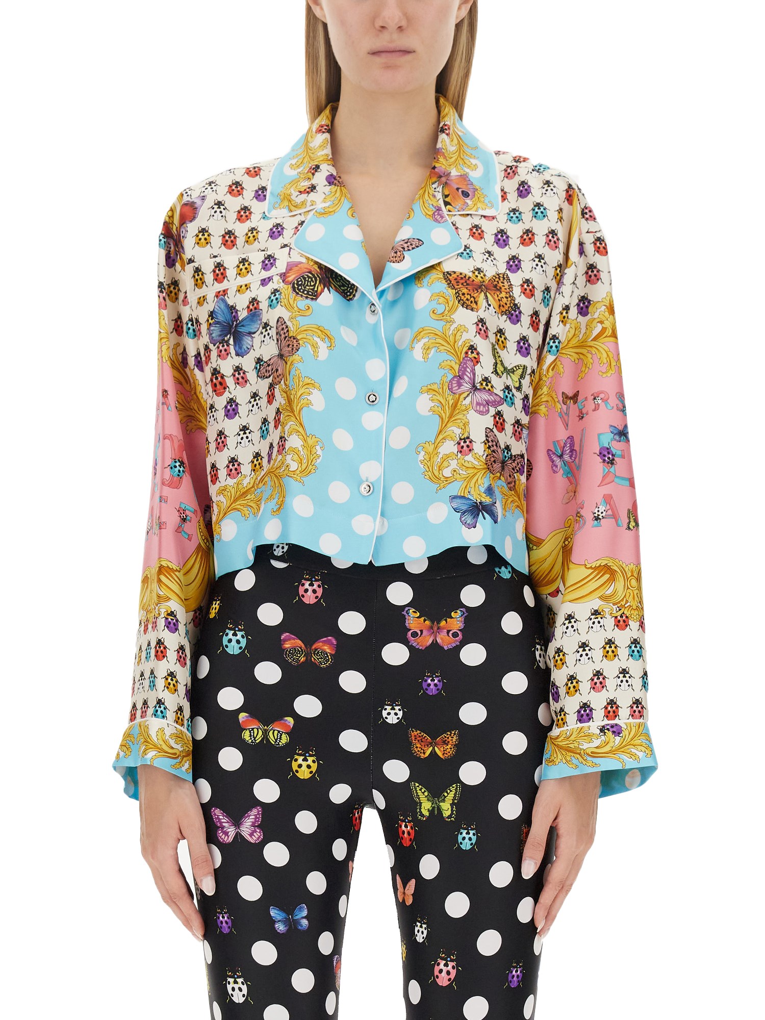 VERSACE    SHORT SILK SHIRT WITH BUTTERFLY PRINT