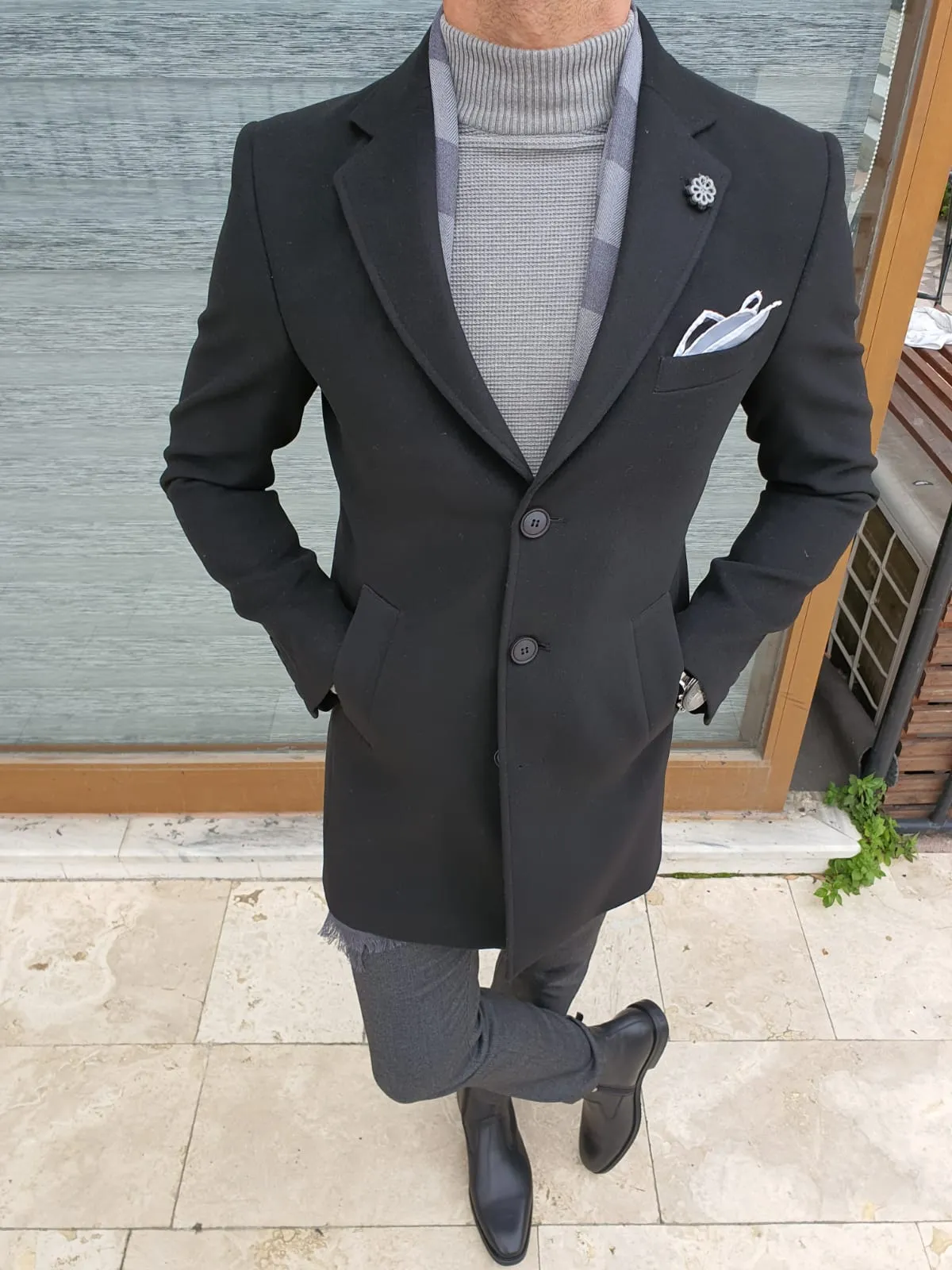 Viena Black Slim Fit Single Breasted Wool Long Coat