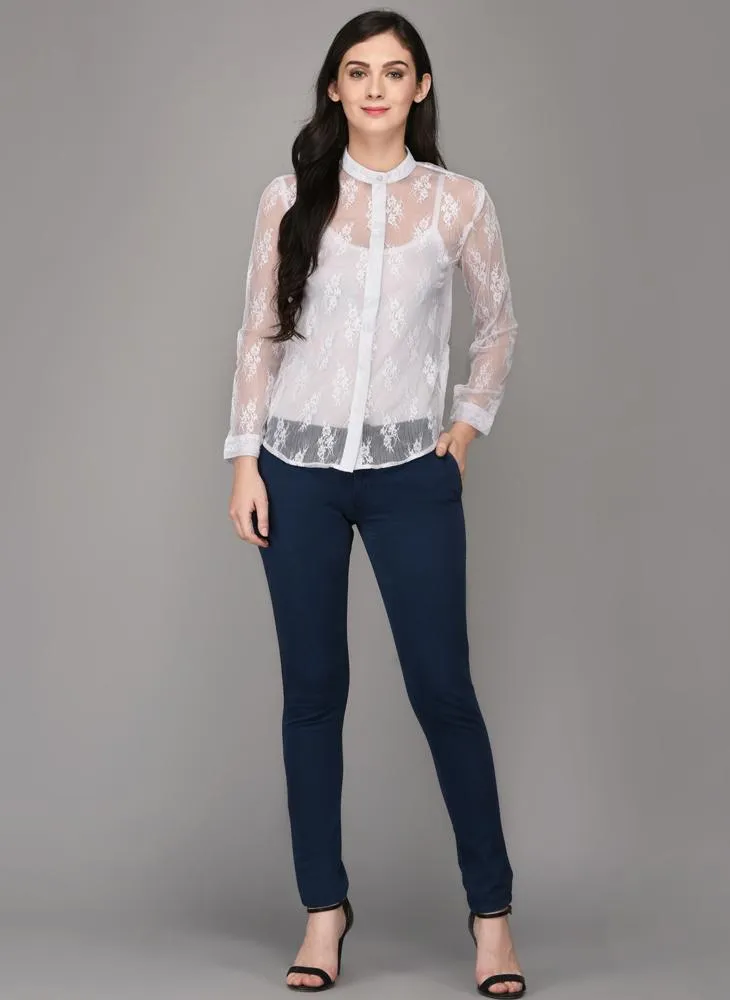 White Lace Shirt with Concealed Button Placket