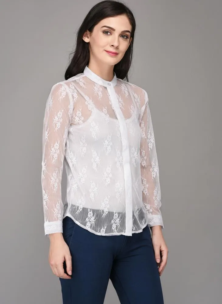 White Lace Shirt with Concealed Button Placket