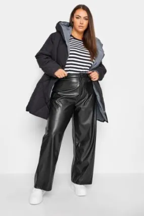 YOURS Curve Black Faux Leather Wide Leg Dad Trousers