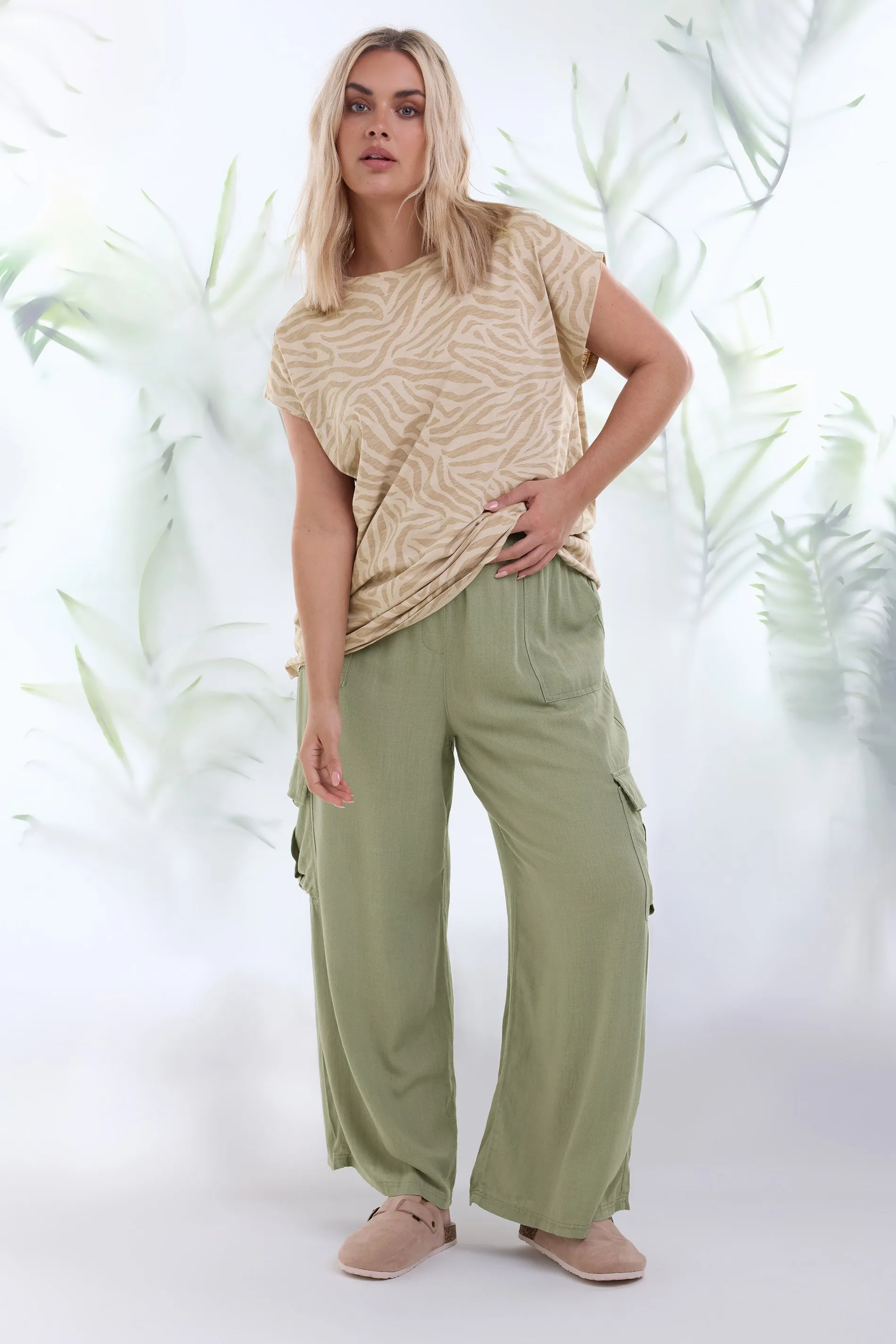 YOURS Curve Khaki Green Linen Wide Leg Cargo Trousers