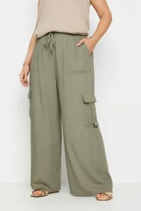 YOURS Curve Khaki Green Linen Wide Leg Cargo Trousers