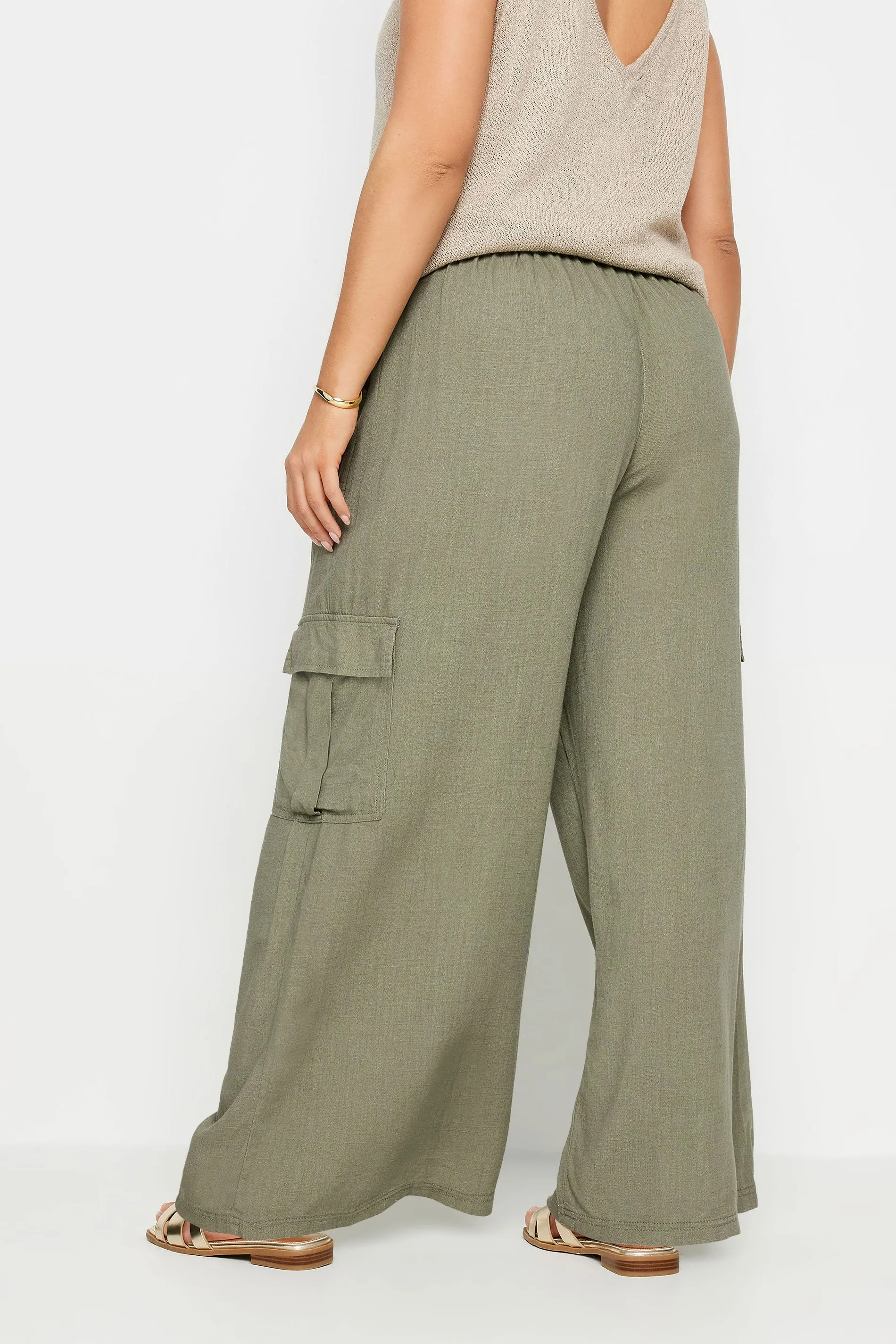 YOURS Curve Khaki Green Linen Wide Leg Cargo Trousers