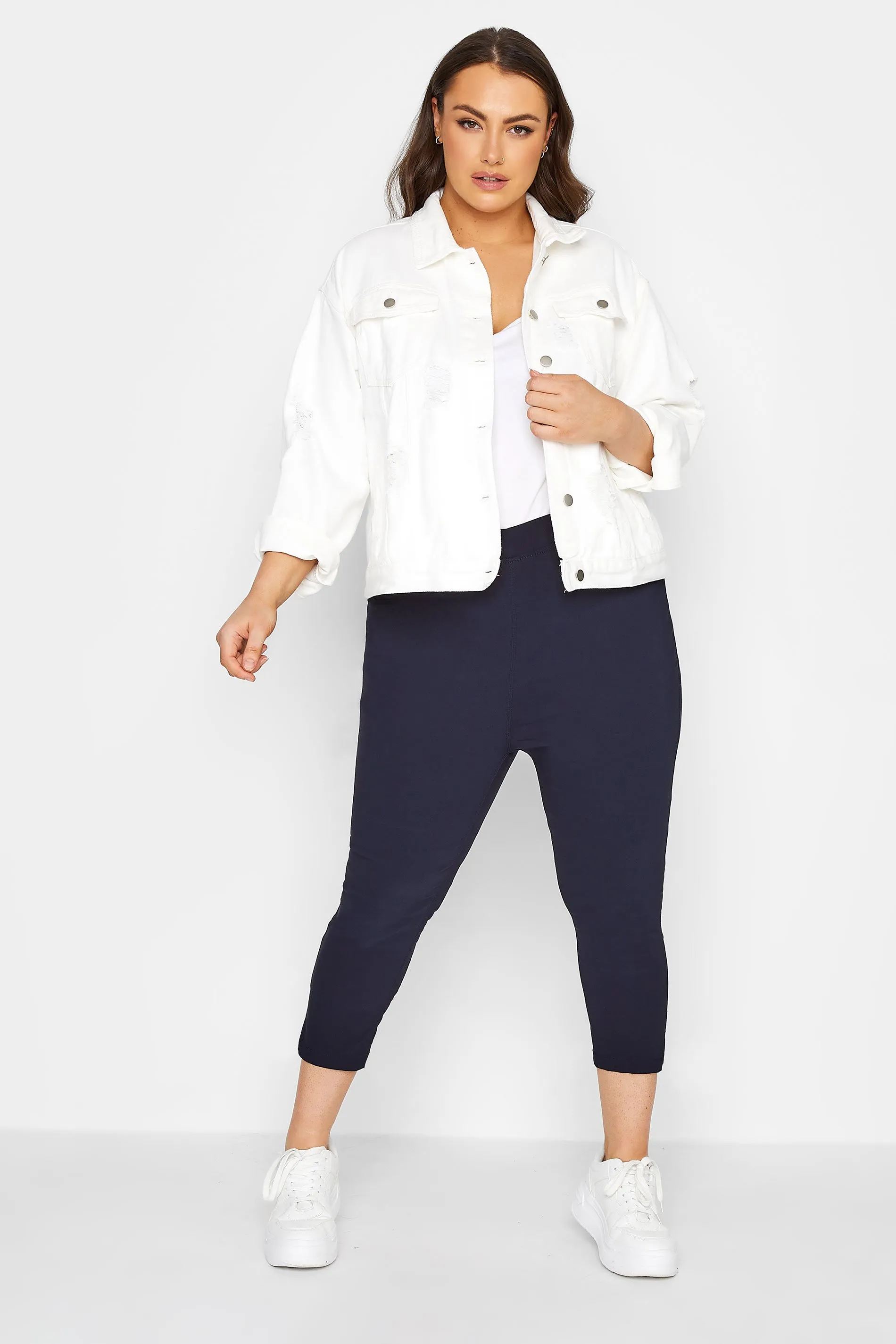 YOURS Curve Navy Blue Bengaline Stretch Cropped Pull On Trousers