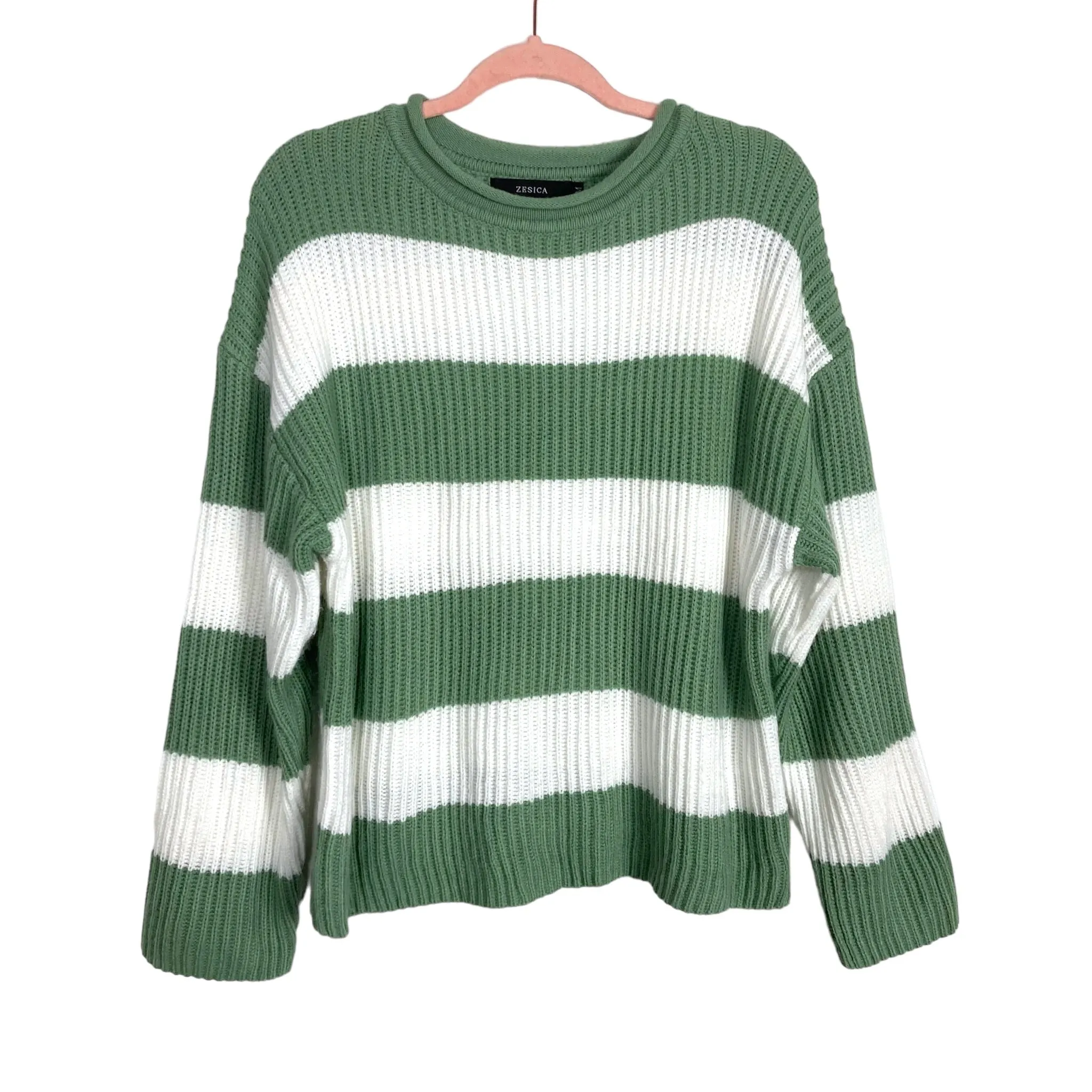 Zesica Sage/White Stripes Roll Neckline Sweater- Size M